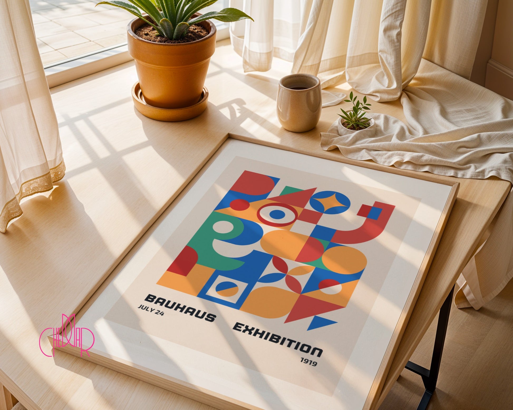 Bauhaus poster – Colorful abstract shapes on a beige background, exhibition 1919