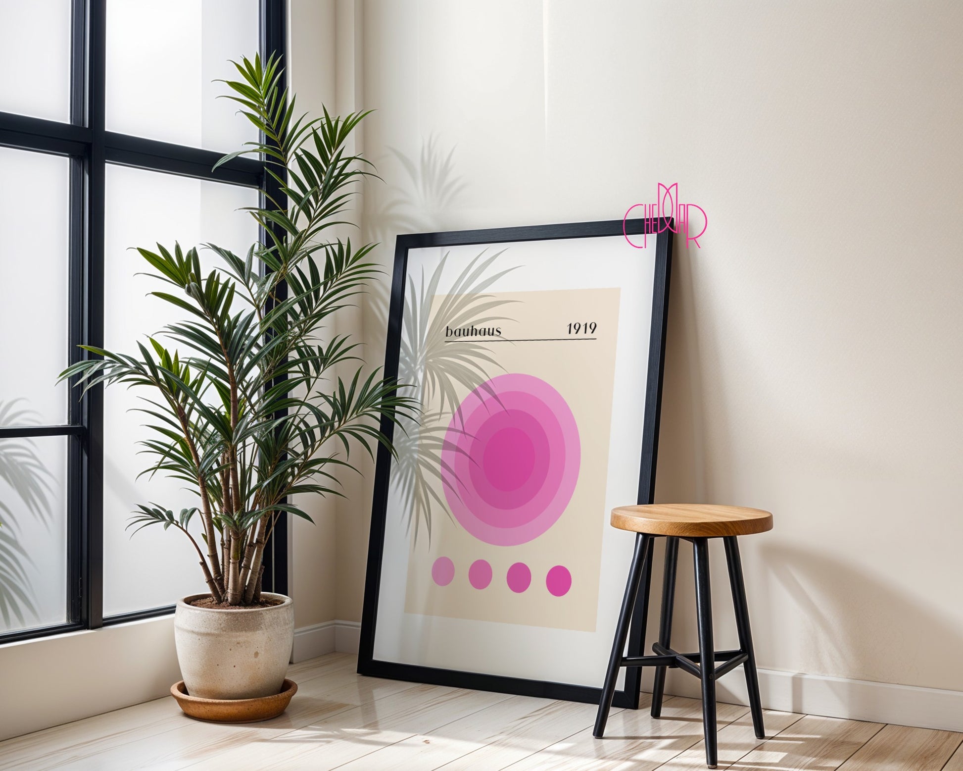 Bauhaus poster pink energy circle on beige background, retro