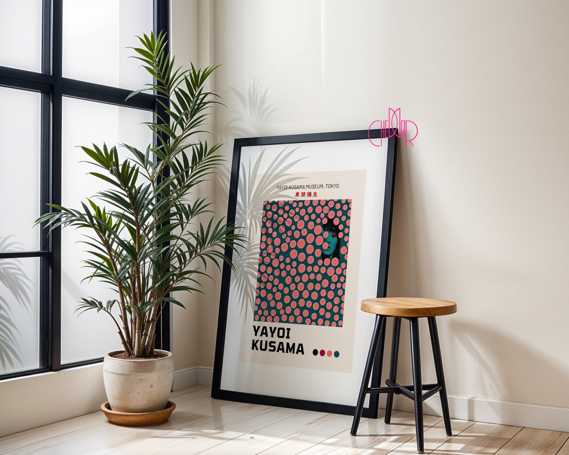 Yayoi Kusama poster, modernism, pink dots on green background, Tokyo