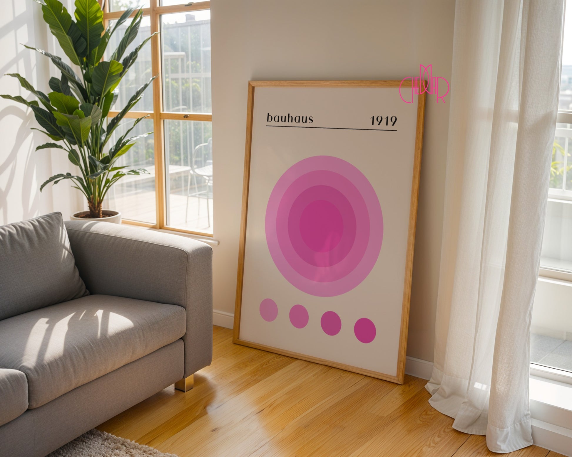 Bauhaus poster pink energy circle on beige background, retro