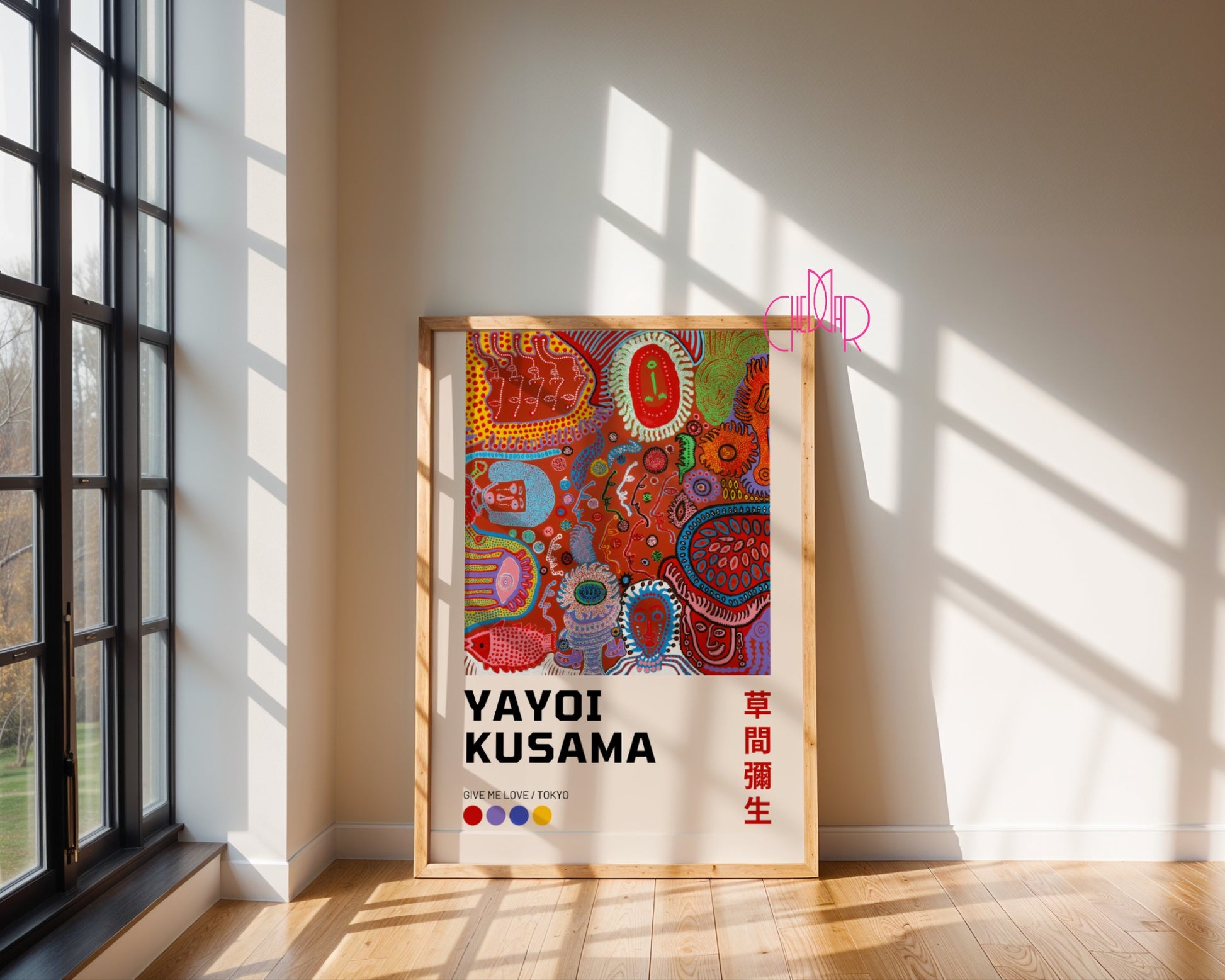 Yayoi Kusama's Give me love Tokyo poster, colorful shapes, geometry