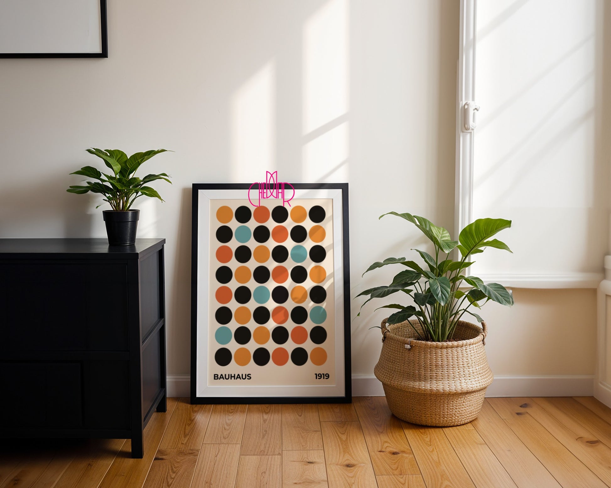 Bauhaus poster, 1919 exhibition, colorful dots on a beige background
