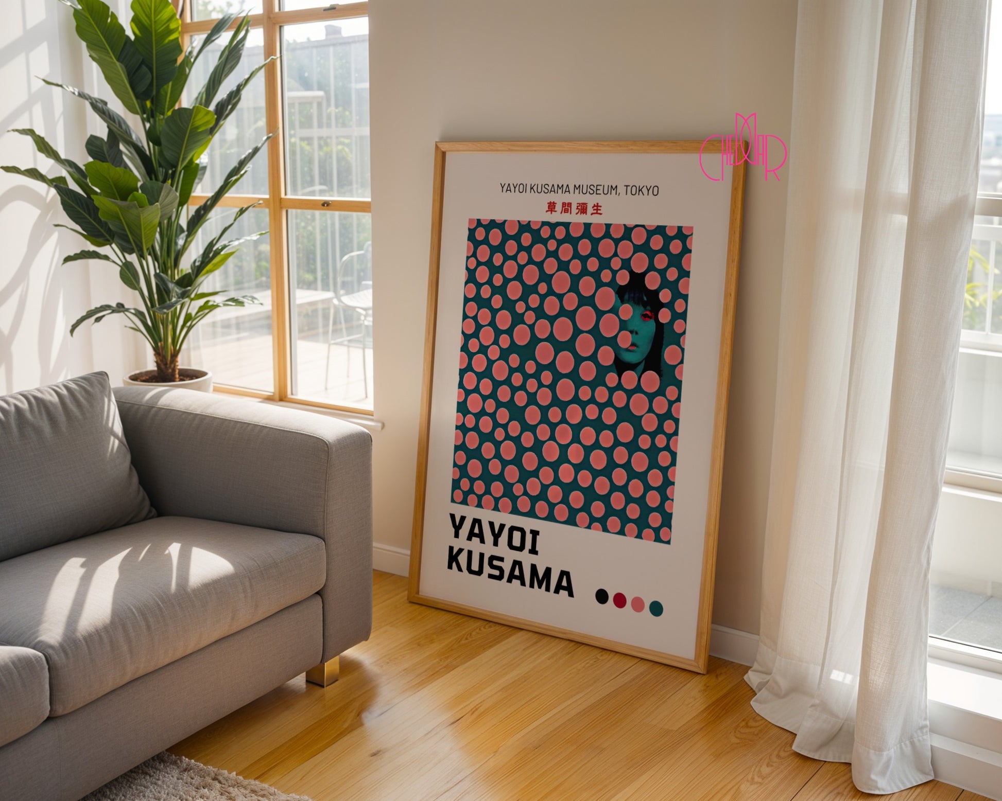 Yayoi Kusama poster, modernism, pink dots on green background, Tokyo