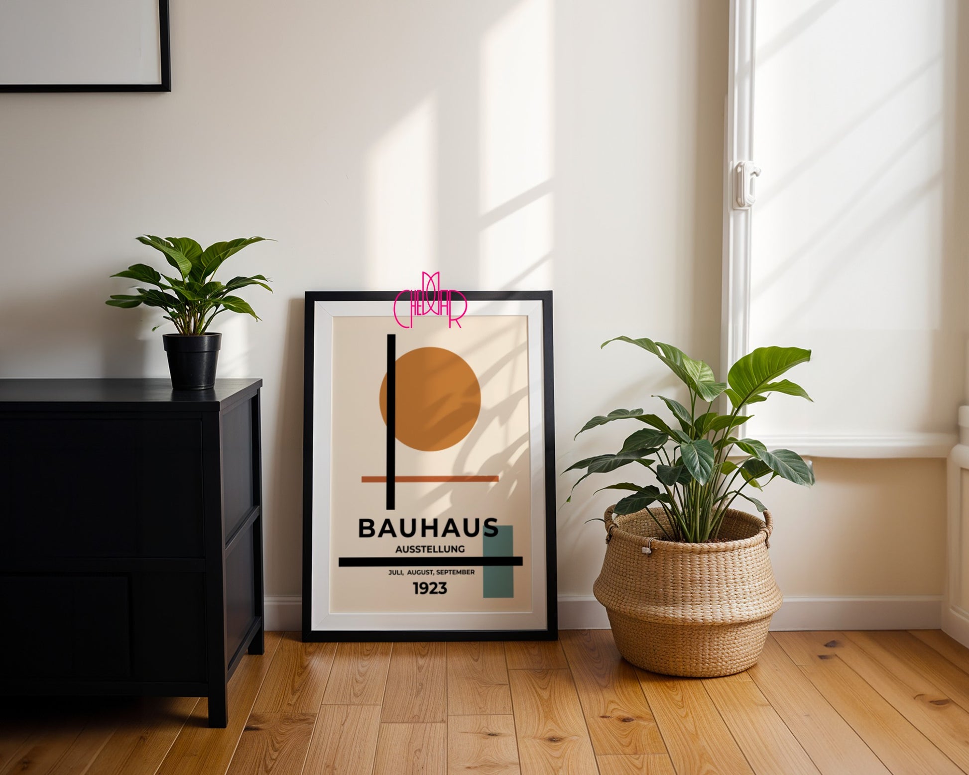 Bauhaus poster orange dot on beige background, modernism