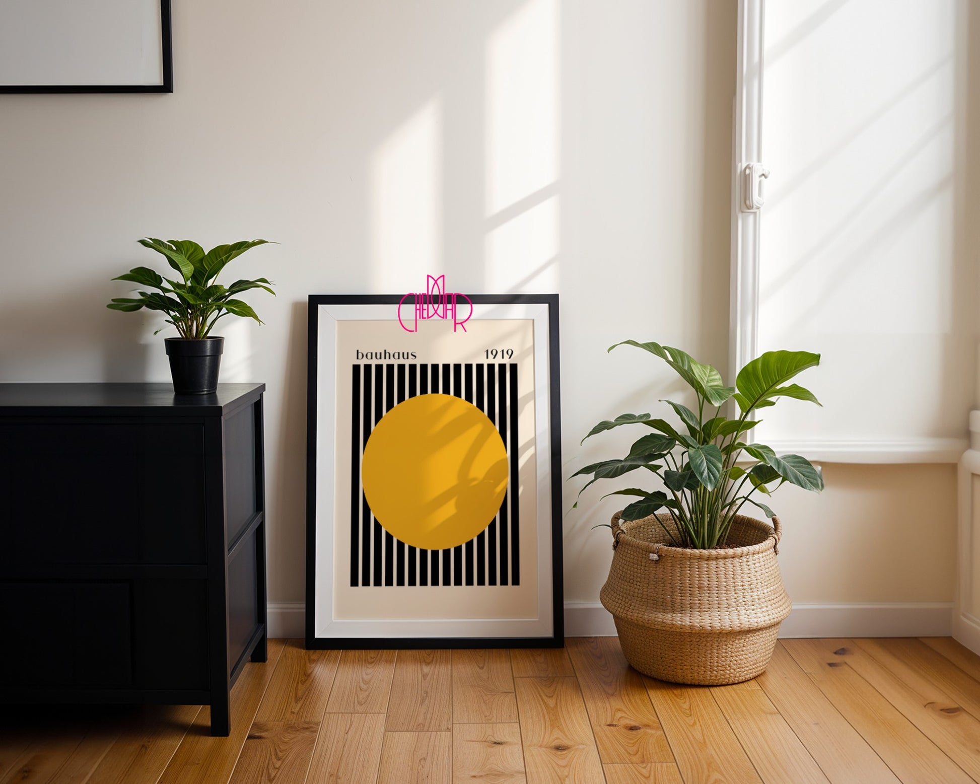 Bauhaus poster orange dot with black and beige stripes 