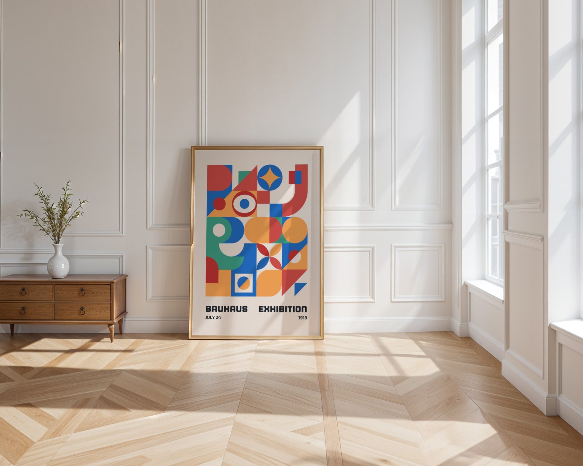 Bauhaus poster – Colorful abstract shapes on a beige background, exhibition 1919