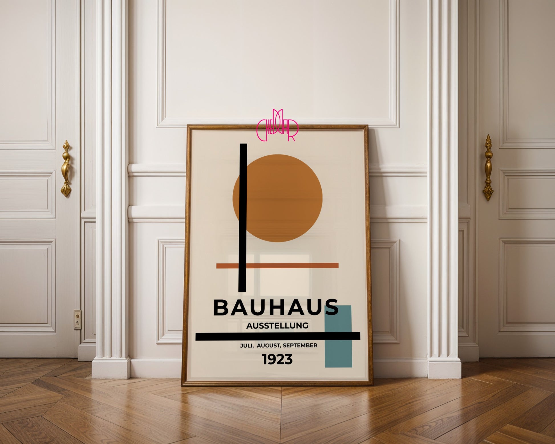 Bauhaus poster orange dot on beige background, modernism