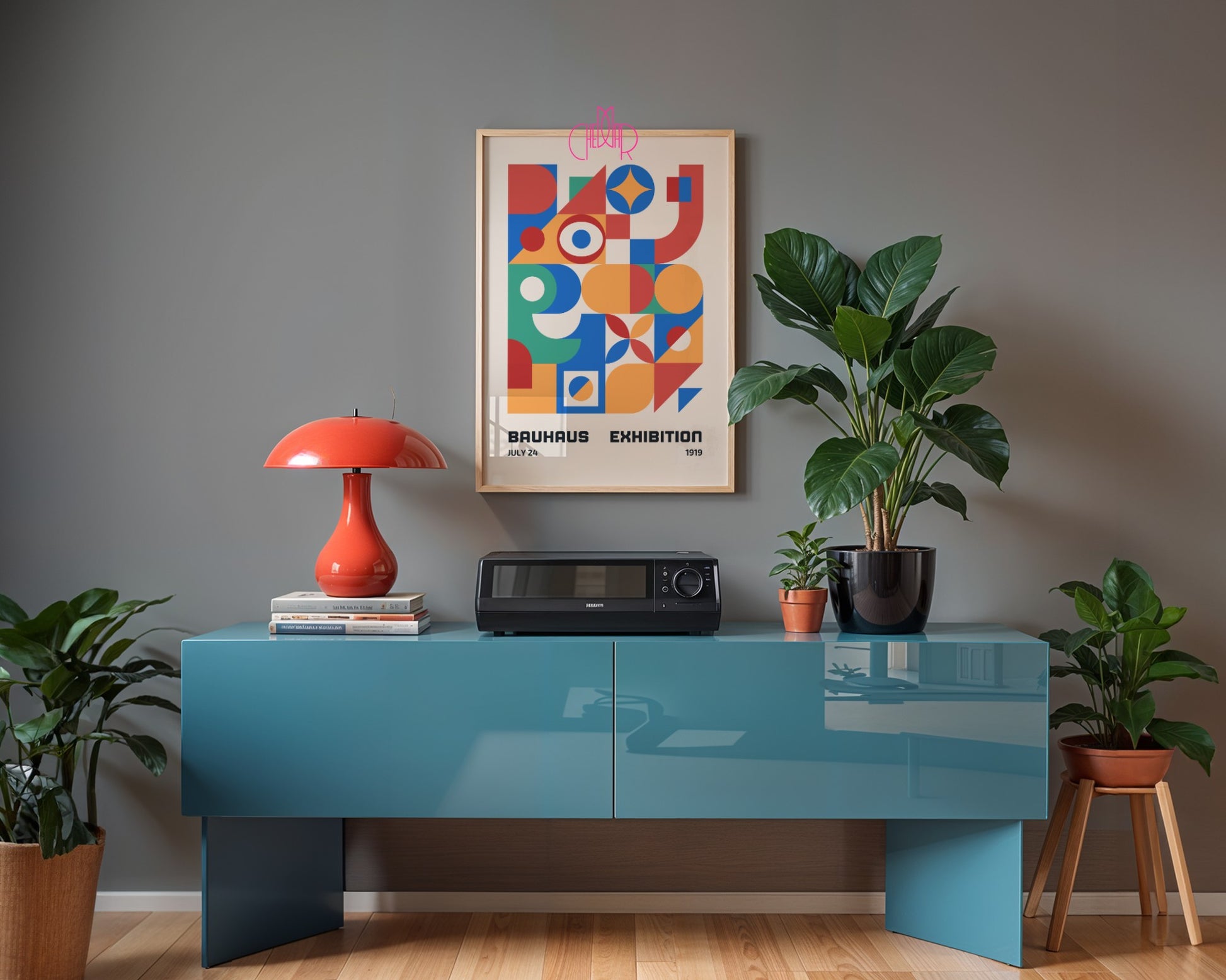 Bauhaus poster – Colorful abstract shapes on a beige background, exhibition 1919