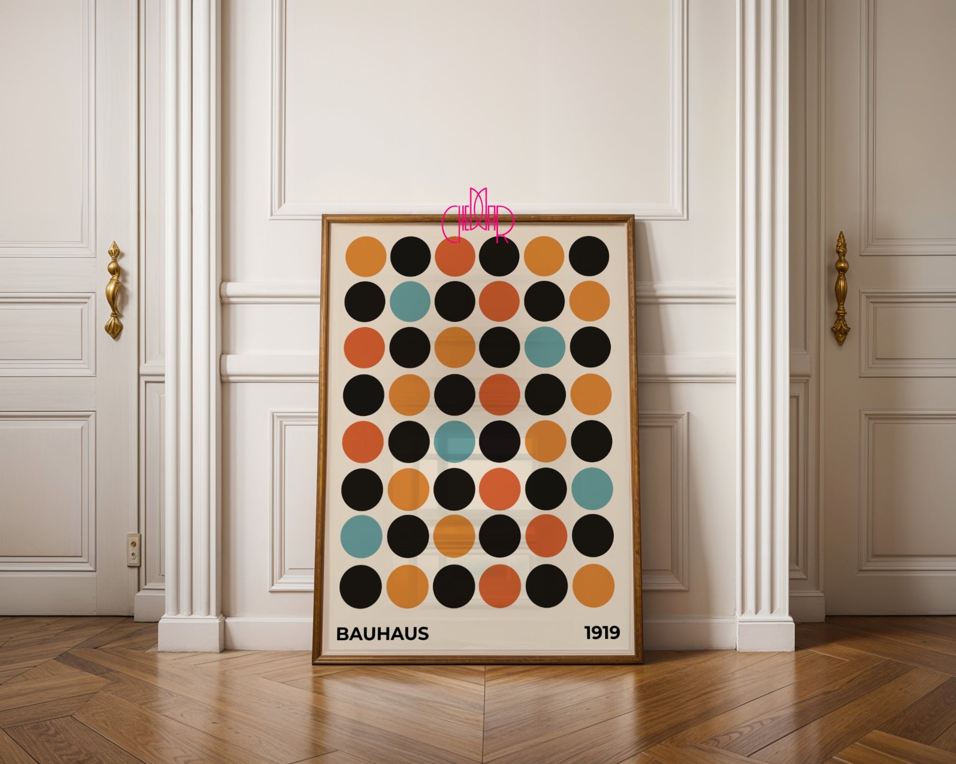 Bauhaus poster, 1919 exhibition, colorful dots on a beige background