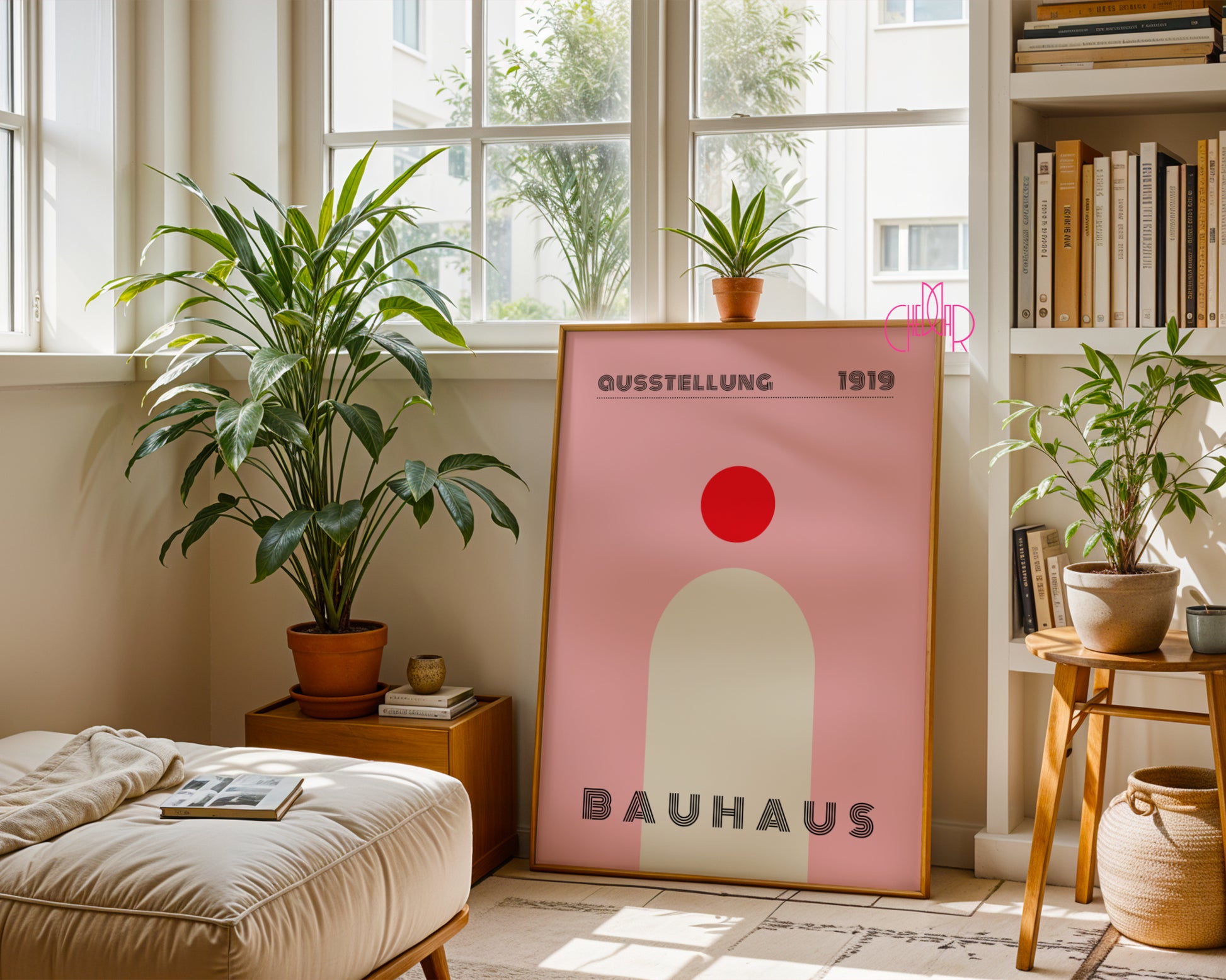 Bauhaus modern poster, dot with shape on powder pink background