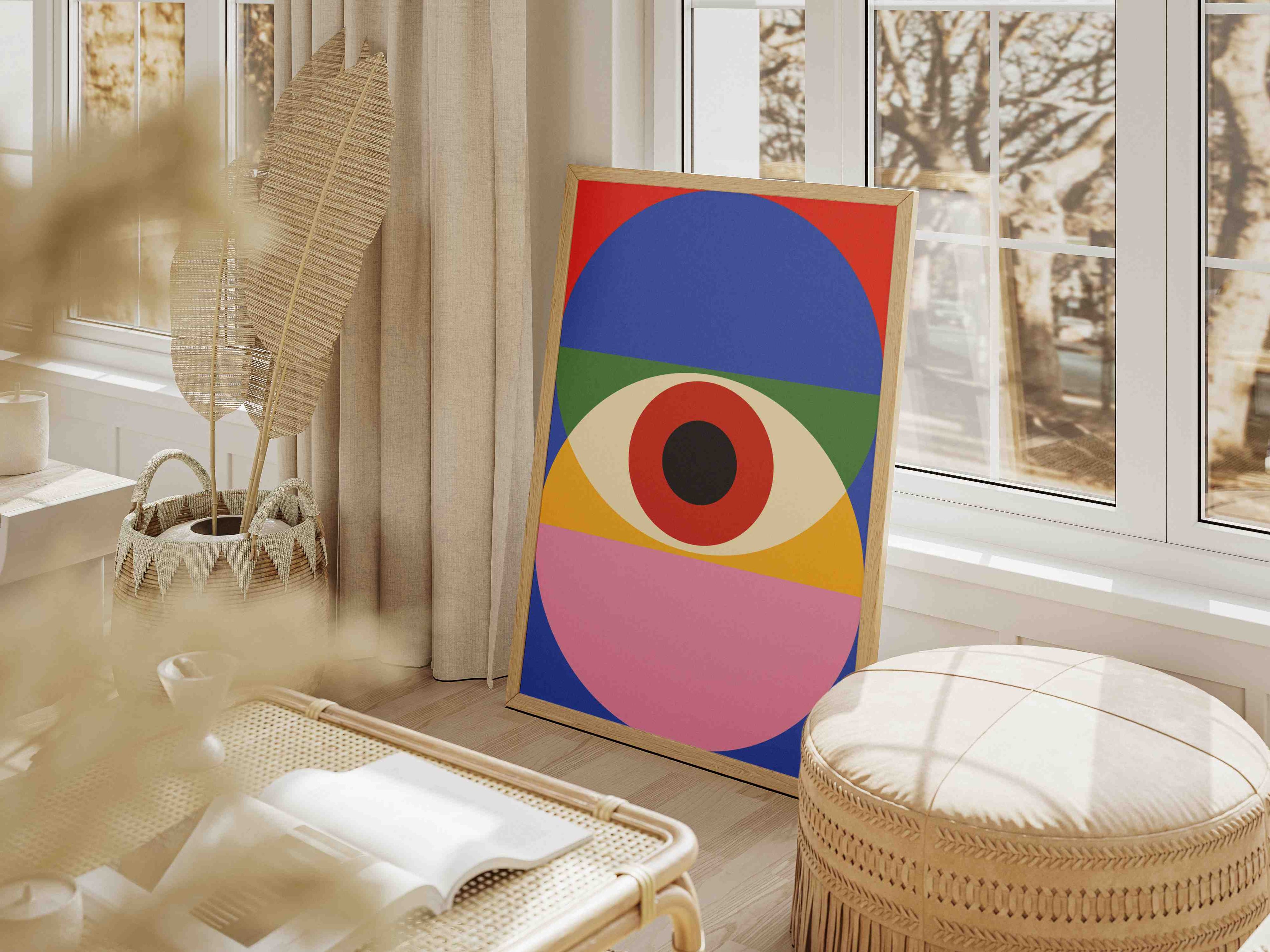 Bauhaus poster, colorful circles on a blue and red background, contemporary art
