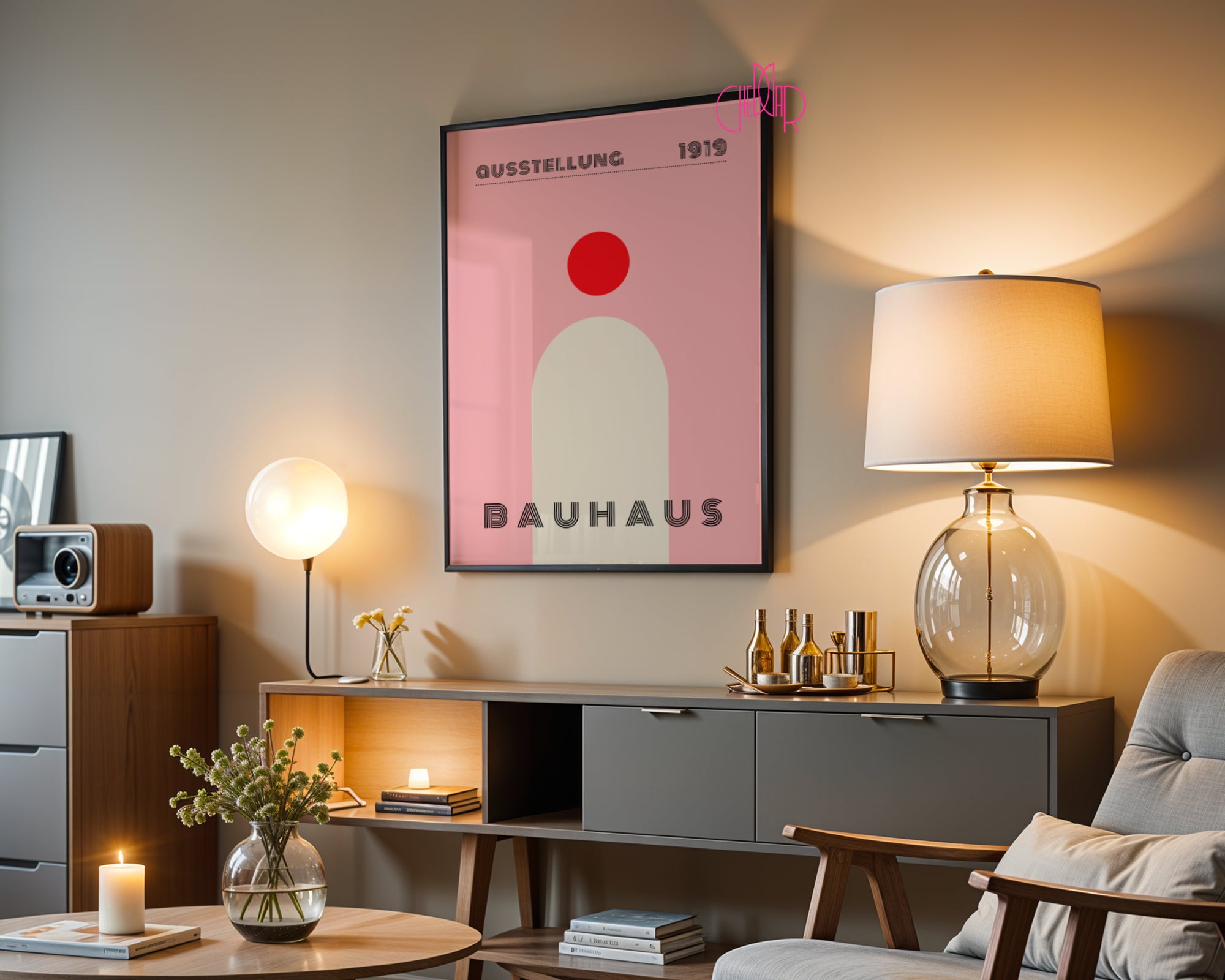 Bauhaus modern poster, dot with shape on powder pink background
