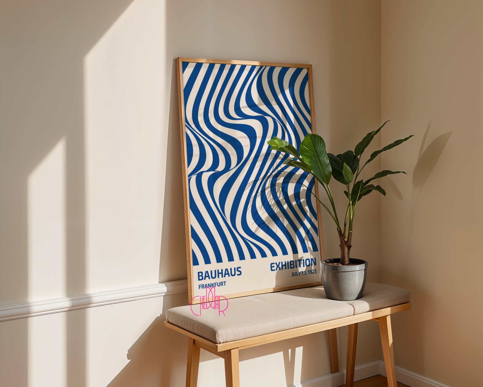 Bauhaus poster with blue abstract lines on a beige background