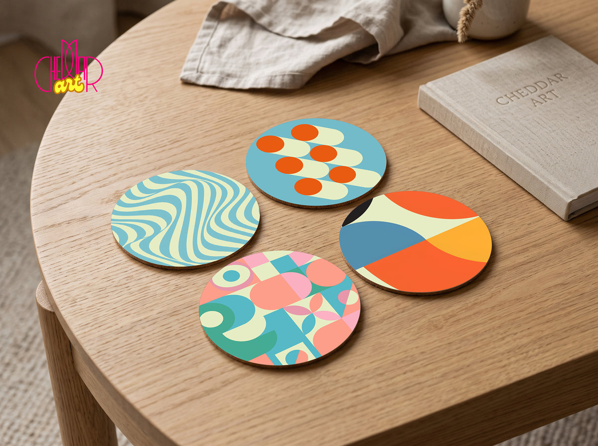 Bauhaus Modern Coaster Set — 4 Coordinated Geometric Artworks | Cheddar Art