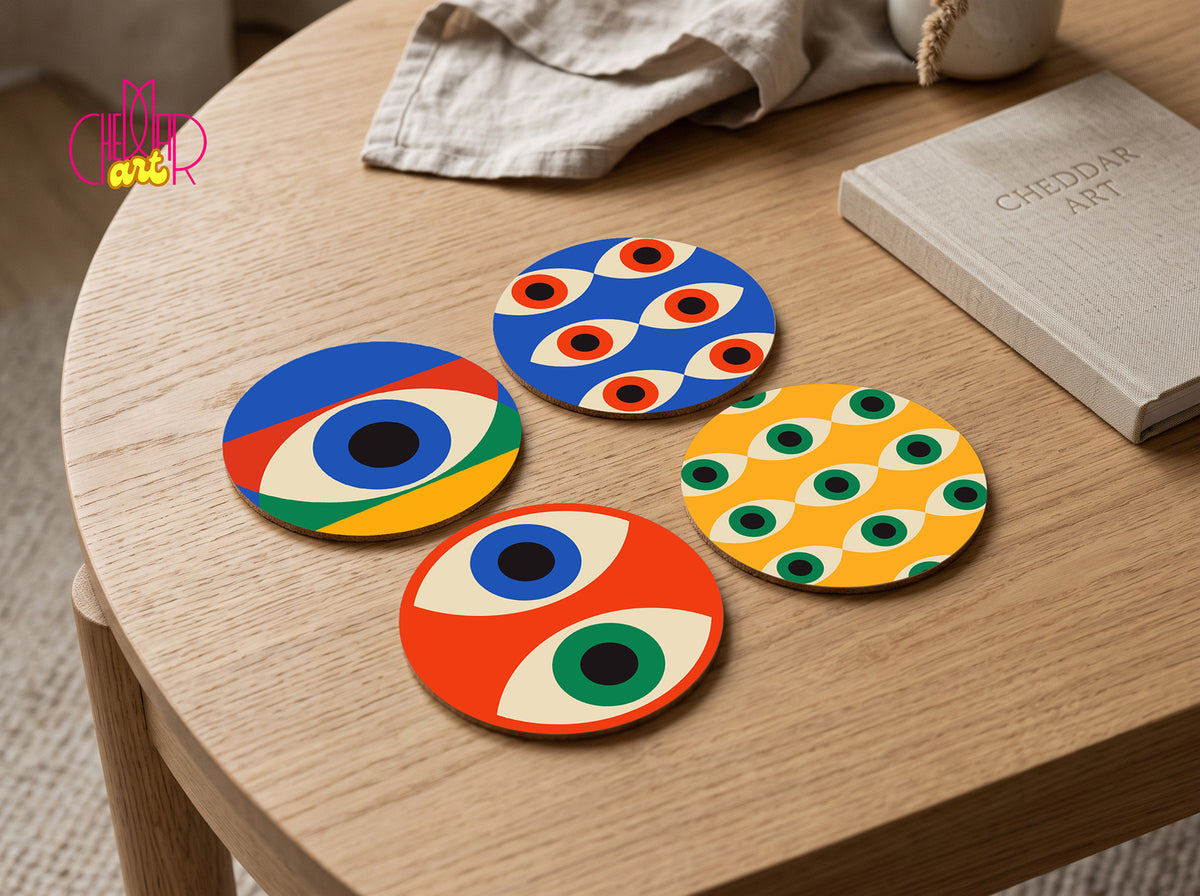 Bauhaus Eyes Coaster Set — 4 Coordinated Geometric Artworks | Cheddar Art