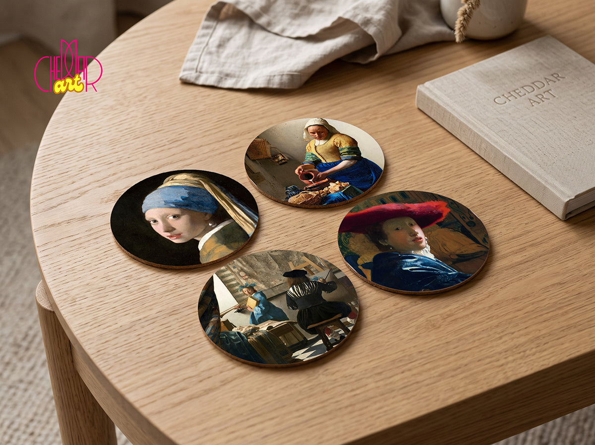 Johannes Vermeer Art Coaster Set — 4 Coordinated Dutch Golden Age Masterpieces | Cheddar Art
