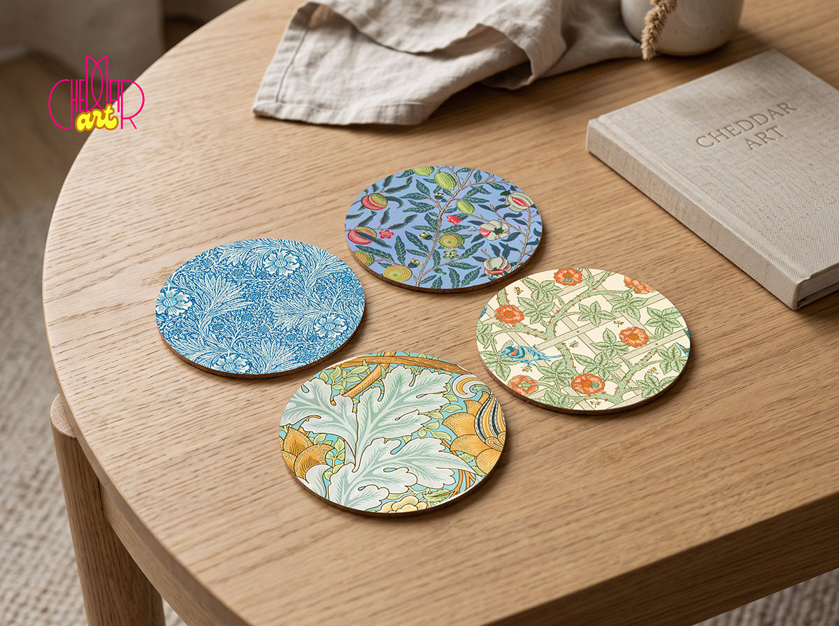 William Morris Floral Coaster Set — 4 Coordinated Arts & Crafts Patterns | Cheddar Art