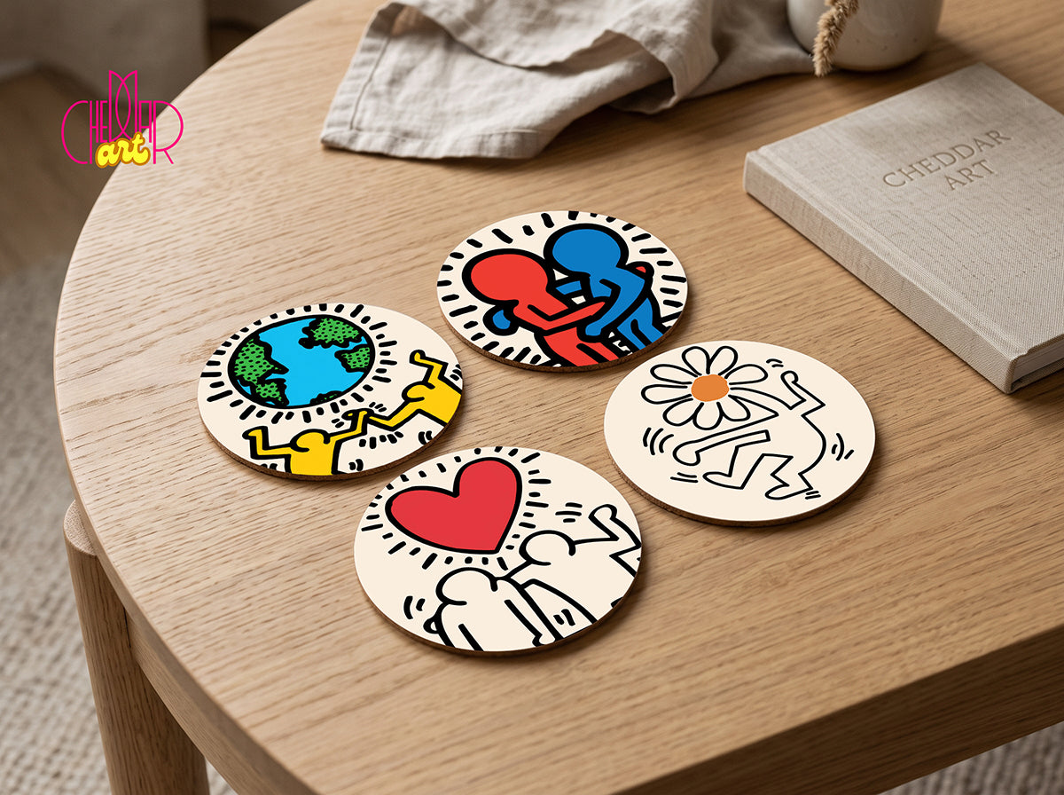 Keith Haring Pop Art Coaster Set — 4 Coordinated Artworks | Cheddar Art