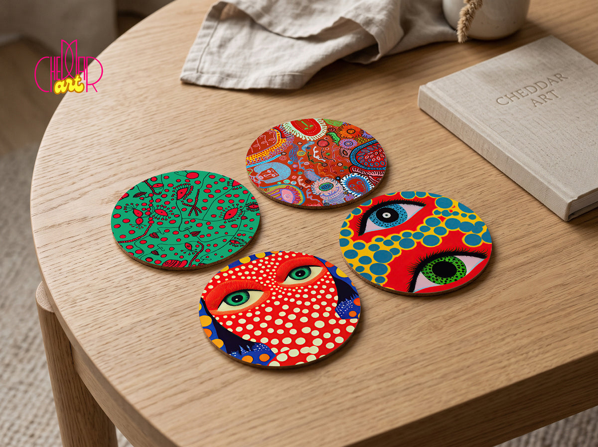 Yayoi Kusama Pop Art Coaster Set — 4 Coordinated Polka Dot Artworks | Cheddar Art