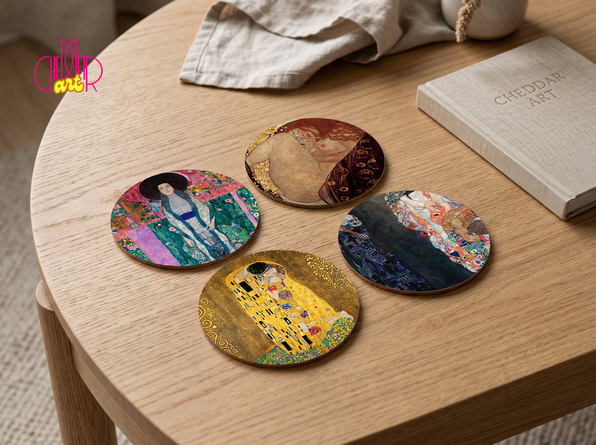 Gustav Klimt Art Coaster Set — 4 Coordinated Art Nouveau Masterpieces | Cheddar Art