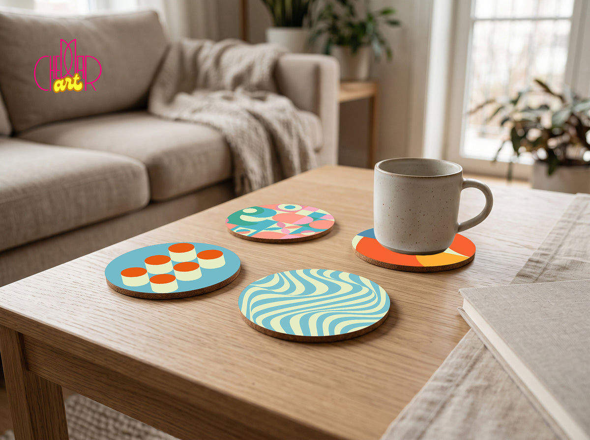 Bauhaus Modern Coaster Set — 4 Coordinated Geometric Artworks | Cheddar Art