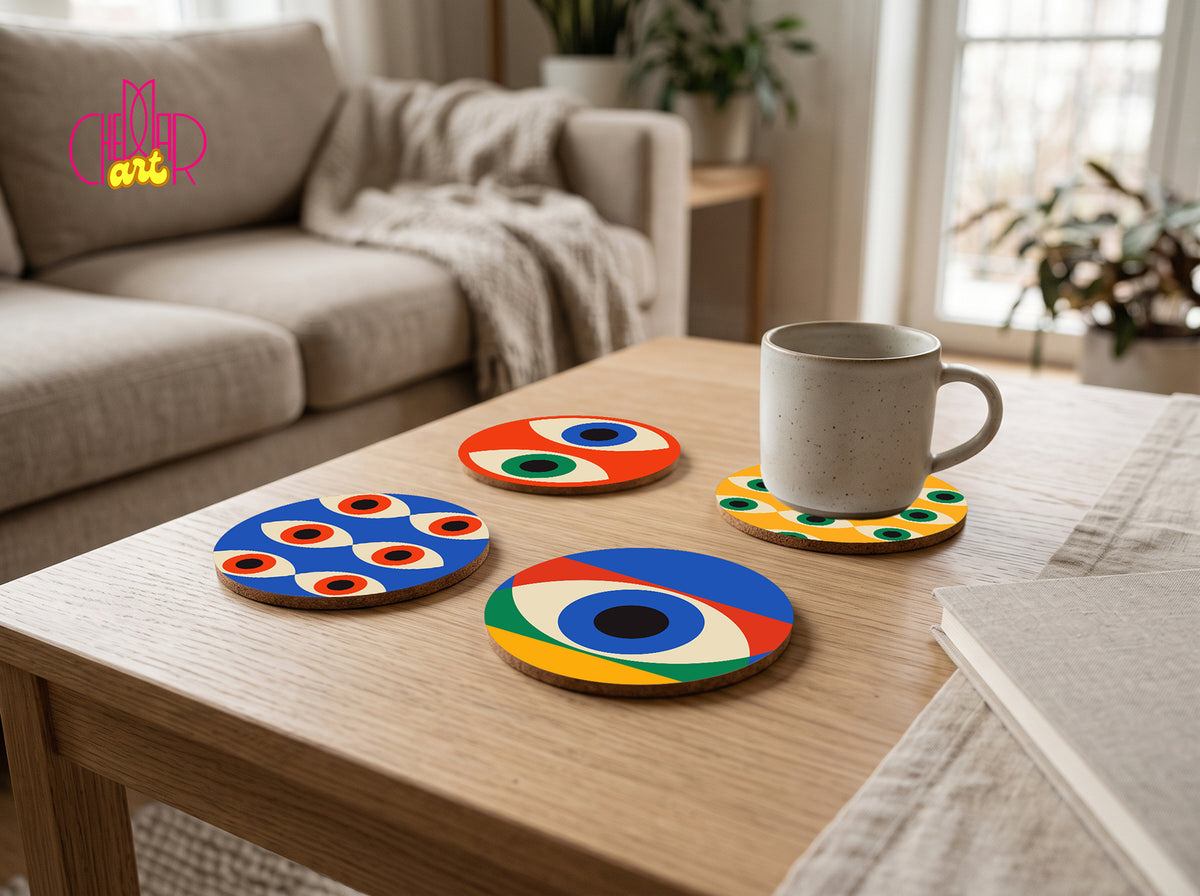 Bauhaus Eyes Coaster Set — 4 Coordinated Geometric Artworks | Cheddar Art
