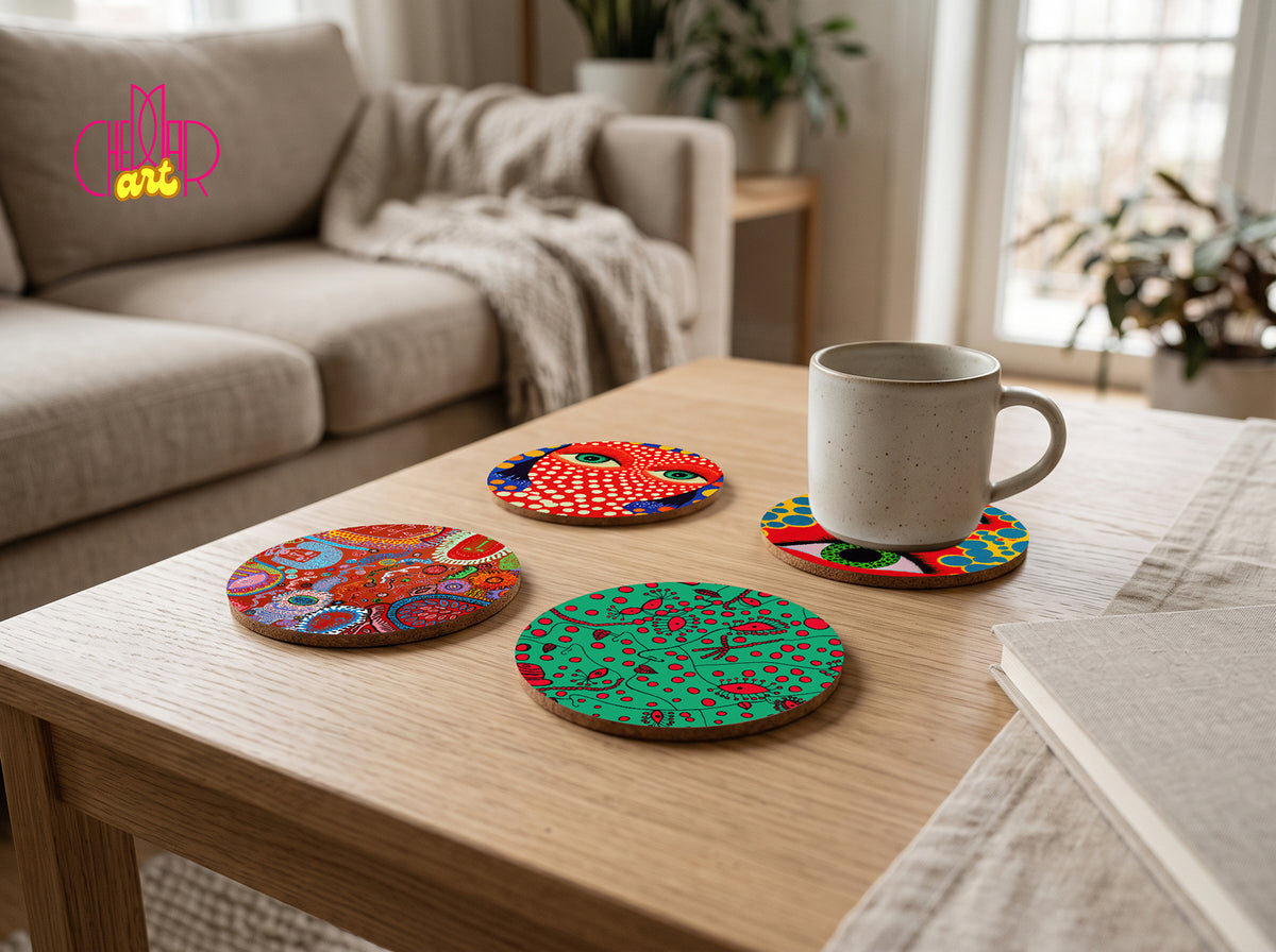 Yayoi Kusama Pop Art Coaster Set — 4 Coordinated Polka Dot Artworks | Cheddar Art