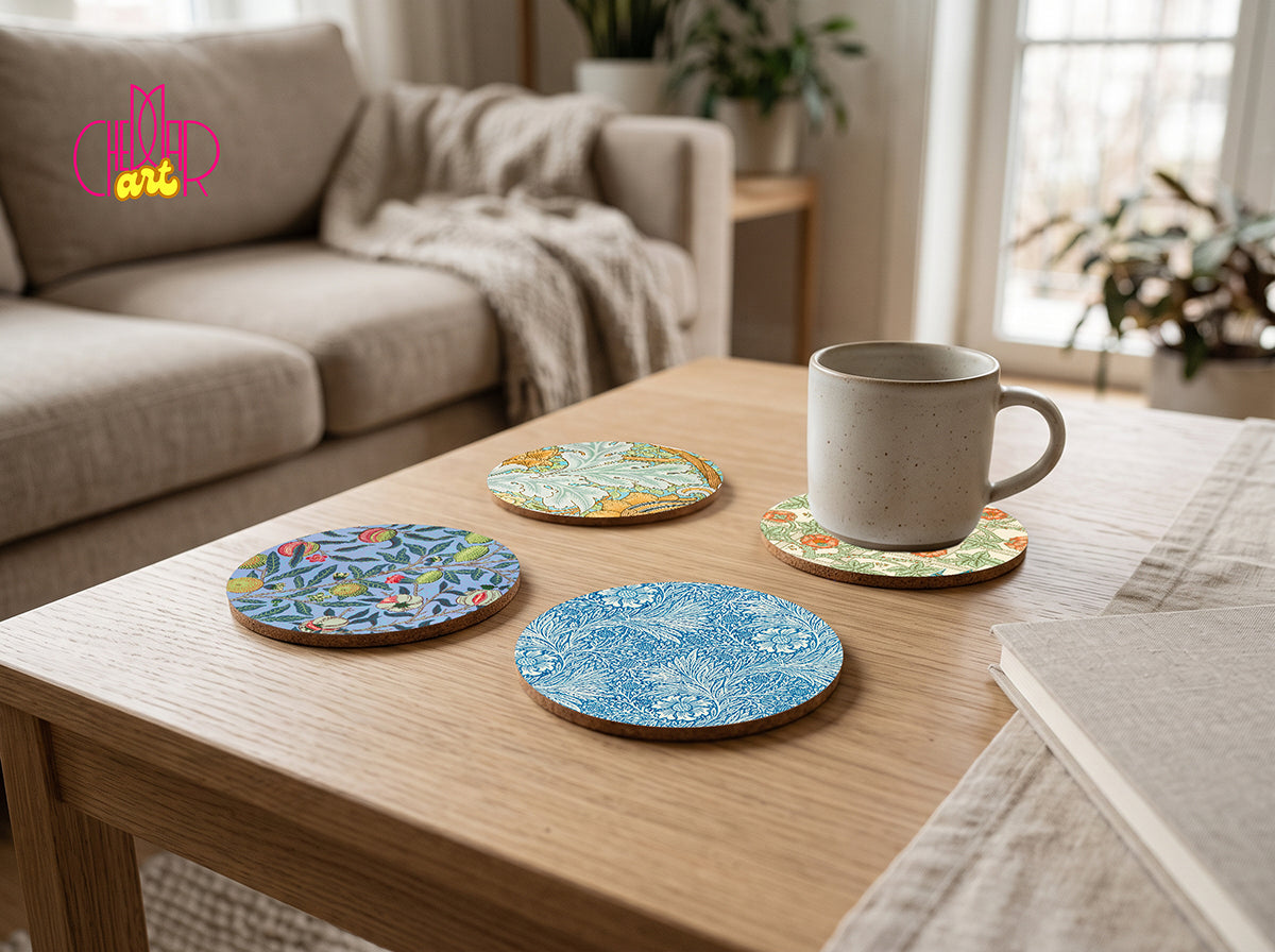 William Morris Floral Coaster Set — 4 Coordinated Arts & Crafts Patterns | Cheddar Art