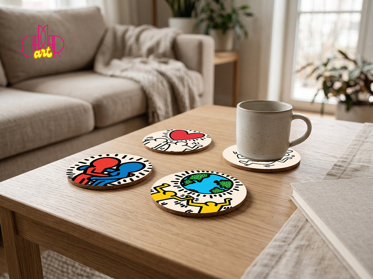 Keith Haring Pop Art Coaster Set — 4 Coordinated Artworks | Cheddar Art