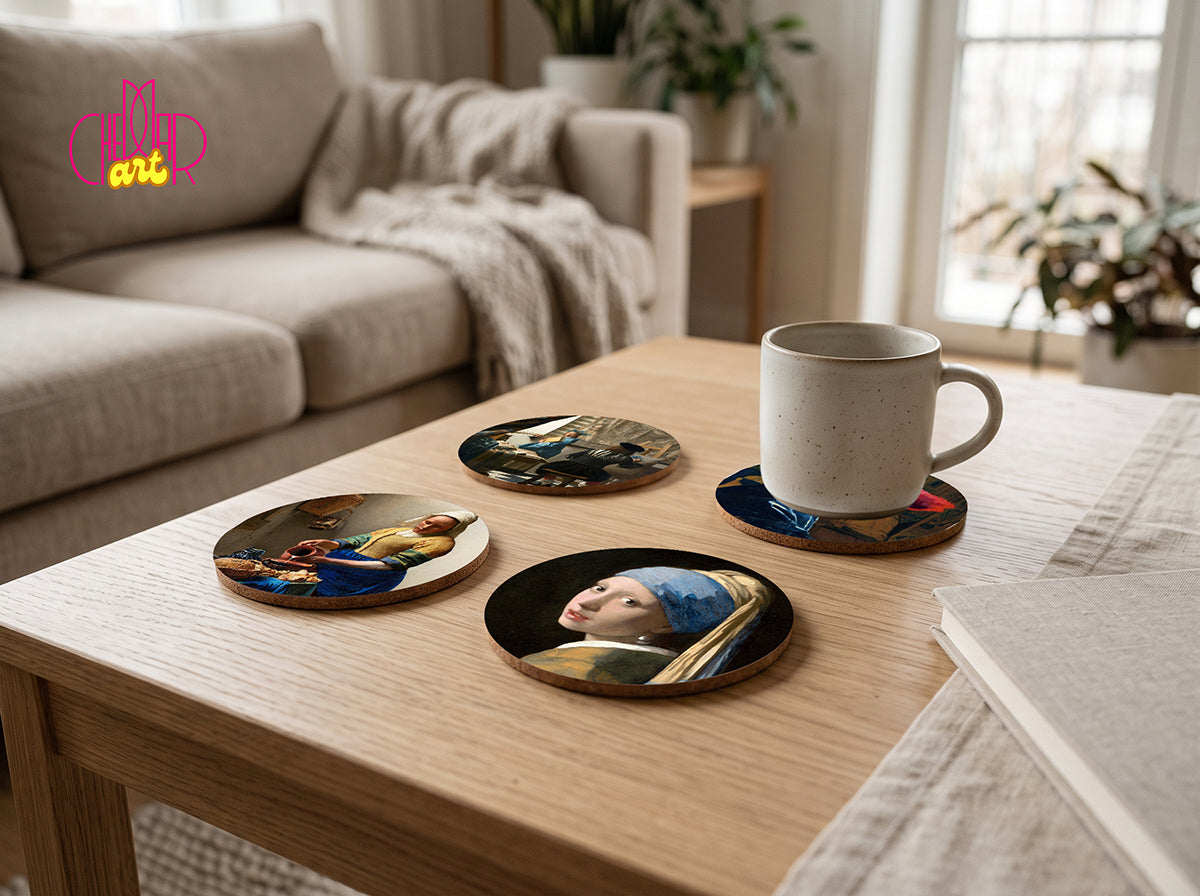 Johannes Vermeer Art Coaster Set — 4 Coordinated Dutch Golden Age Masterpieces | Cheddar Art