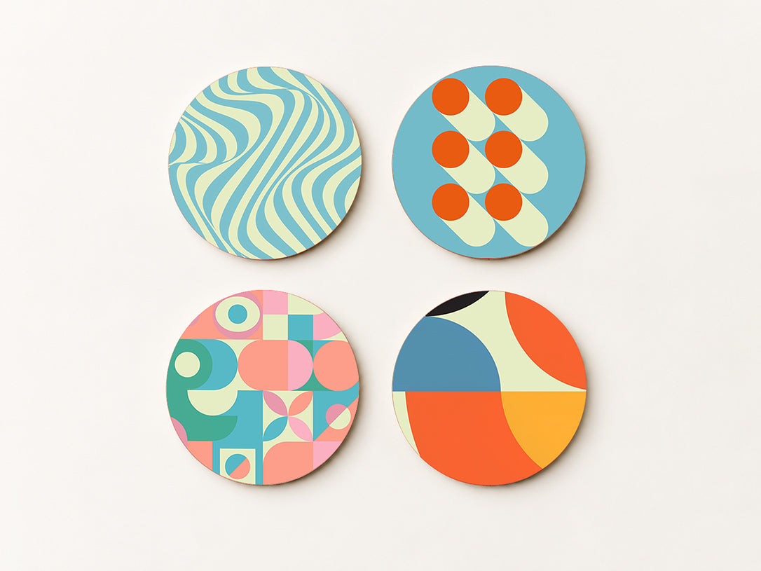 Bauhaus Modern Coaster Set — 4 Coordinated Geometric Artworks | Cheddar Art