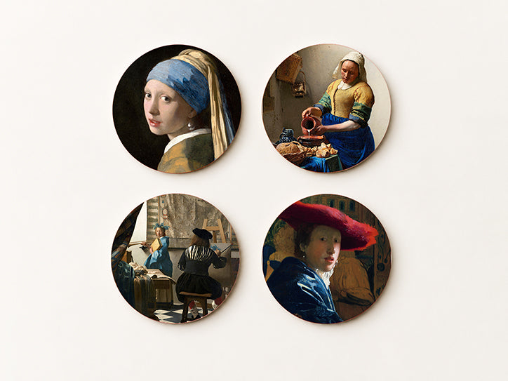 Set of 4 square cork coasters featuring iconic Johannes Vermeer paintings including Girl with a Pearl Earring and The Milkmaid