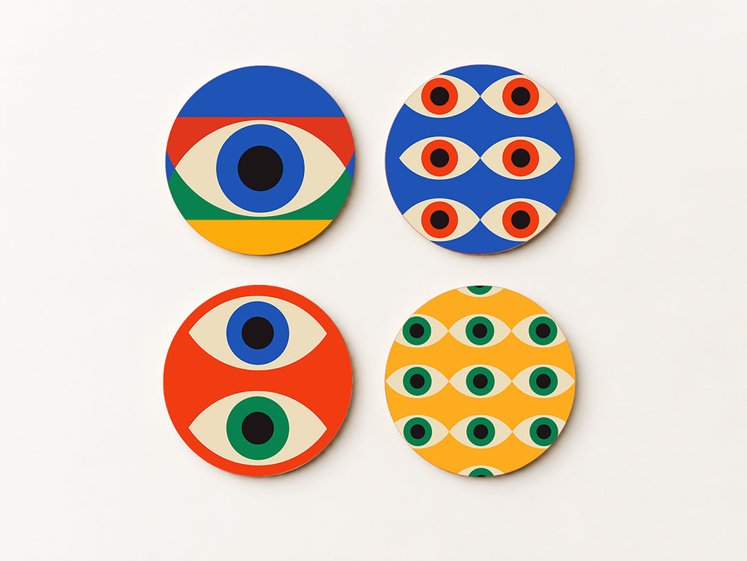 Bauhaus Eyes Coaster Set — 4 Coordinated Geometric Artworks | Cheddar Art