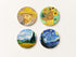 Set of 4 square cork coasters featuring iconic Vincent van Gogh masterpieces including Starry Night, Sunflowers, and Wheat Field with Cypresses
