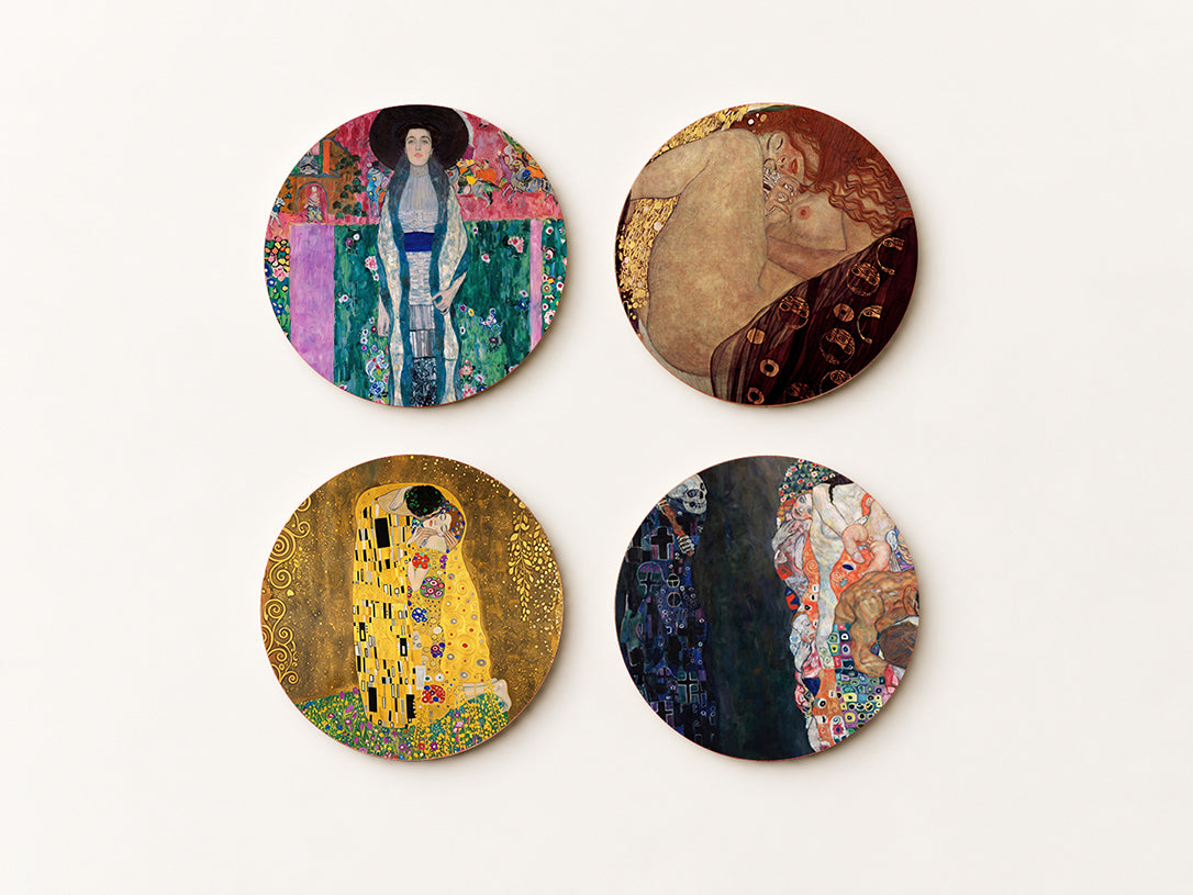 Gustav Klimt Art Coaster Set — 4 Coordinated Art Nouveau Masterpieces | Cheddar Art