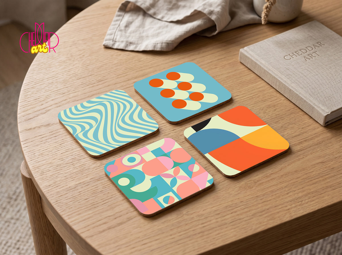 Bauhaus Modern Coaster Set — 4 Coordinated Geometric Artworks | Cheddar Art