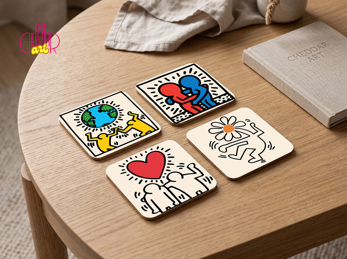 Keith Haring Pop Art Coaster Set — 4 Coordinated Artworks | Cheddar Art