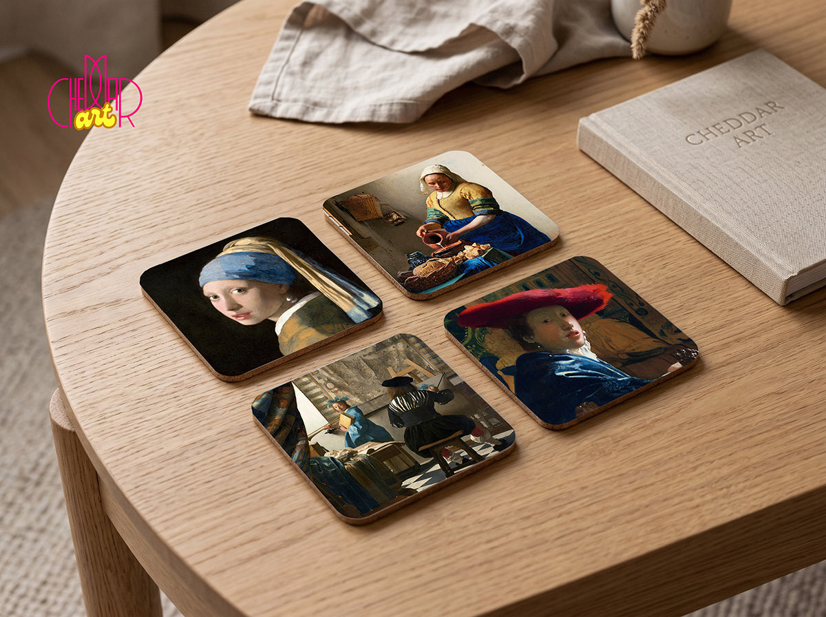 Johannes Vermeer Art Coaster Set — 4 Coordinated Dutch Golden Age Masterpieces | Cheddar Art