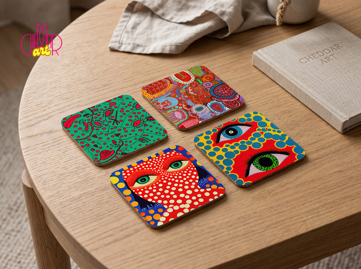 Yayoi Kusama Pop Art Coaster Set — 4 Coordinated Polka Dot Artworks | Cheddar Art