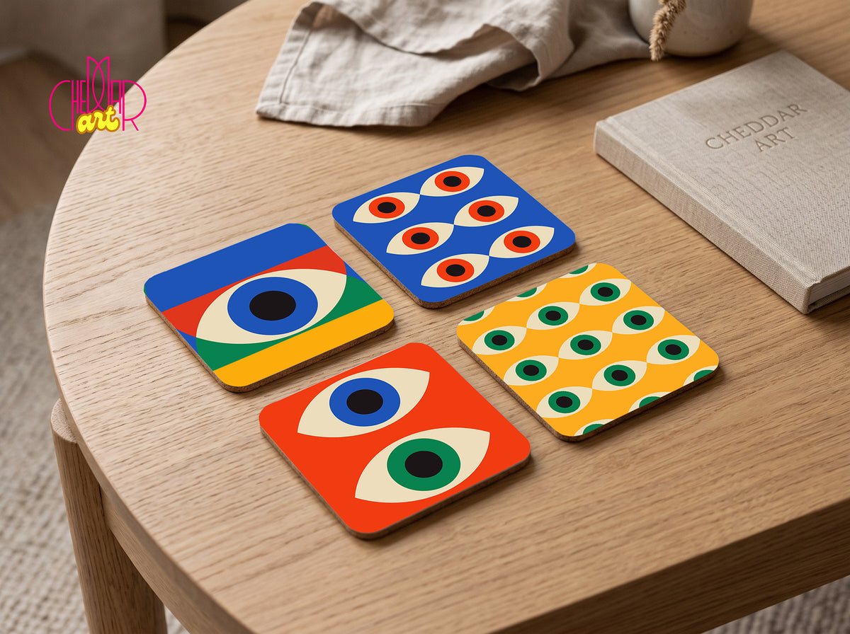 Bauhaus Eyes Coaster Set — 4 Coordinated Geometric Artworks | Cheddar Art