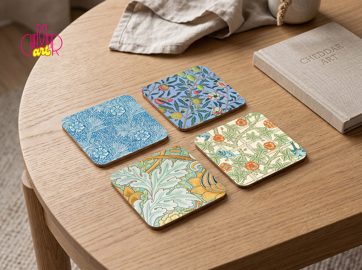 William Morris Floral Coaster Set — 4 Coordinated Arts & Crafts Patterns | Cheddar Art
