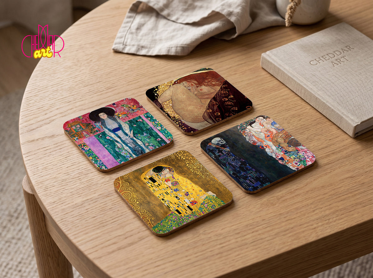 Gustav Klimt Art Coaster Set — 4 Coordinated Art Nouveau Masterpieces | Cheddar Art