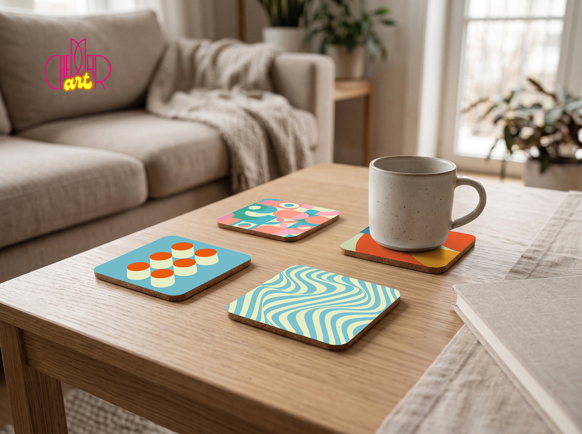 Bauhaus Modern Coaster Set — 4 Coordinated Geometric Artworks | Cheddar Art
