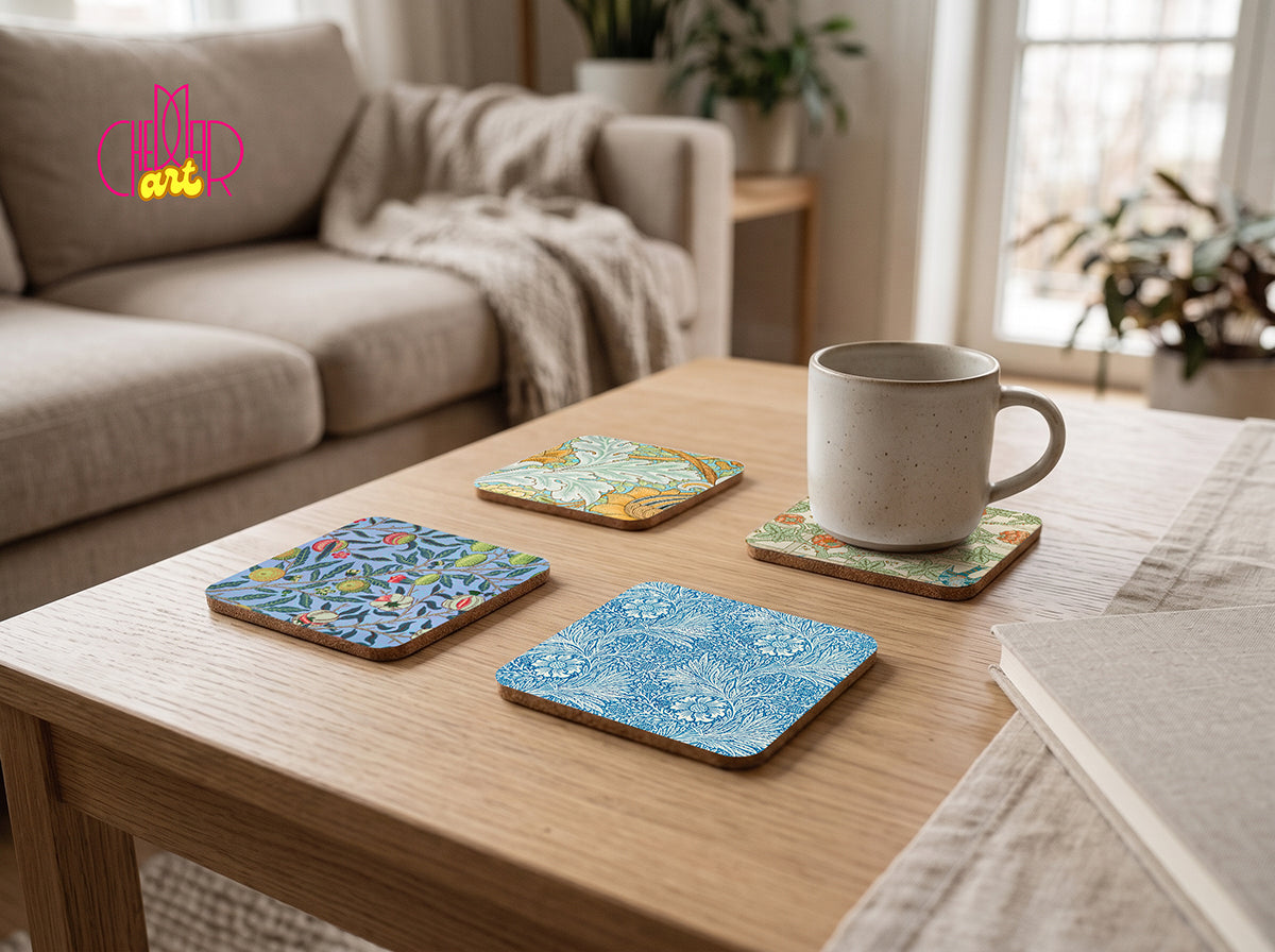 William Morris Floral Coaster Set — 4 Coordinated Arts & Crafts Patterns | Cheddar Art