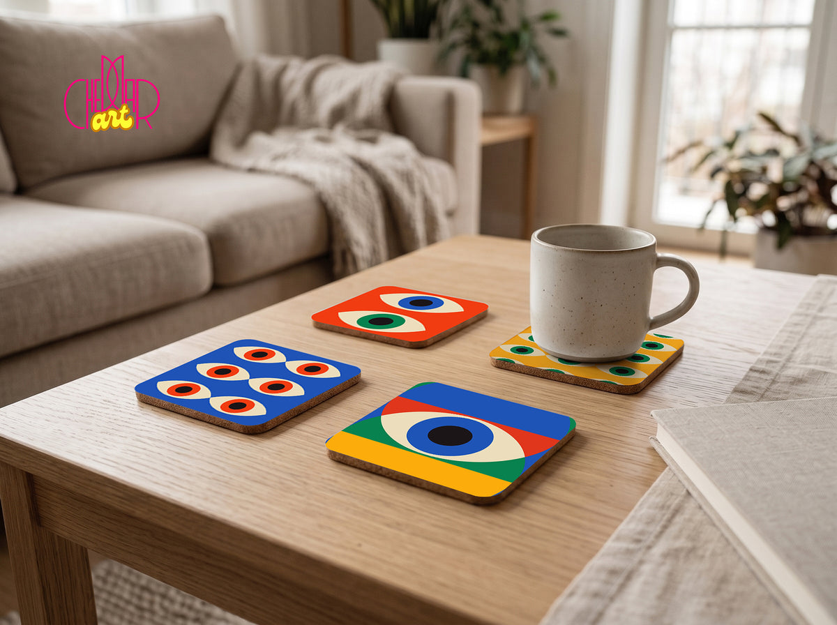 Bauhaus Eyes Coaster Set — 4 Coordinated Geometric Artworks | Cheddar Art