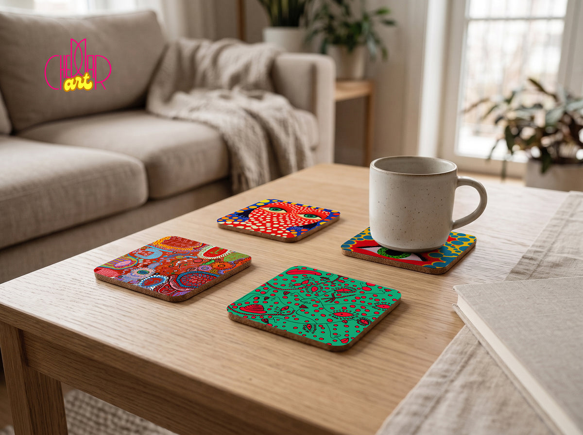 Yayoi Kusama Pop Art Coaster Set — 4 Coordinated Polka Dot Artworks | Cheddar Art