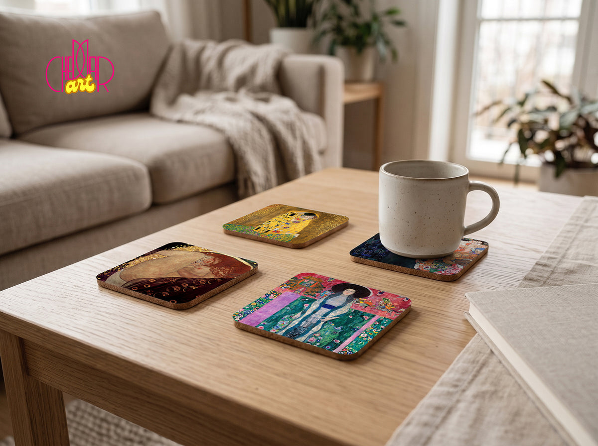 Gustav Klimt Art Coaster Set — 4 Coordinated Art Nouveau Masterpieces | Cheddar Art