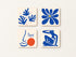 Zestaw 4 kwadratowych podkładek korkowych z niebieskimi grafikami w stylu wycinanek i rysunków Henri Matisse'a na kremowym tle
