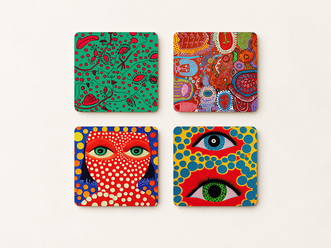 Zestaw 4 kwadratowych podkładek korkowych z kolorowymi awangardowymi grafikami w kropki i motywami oczu w stylu Yayoi Kusama