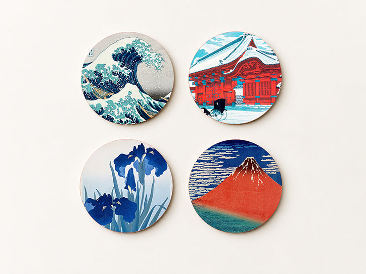 Japanese Landscapes Coaster Set — 4 Coordinated Ukiyo-e Masterpieces (Hokusai) | Cheddar Art